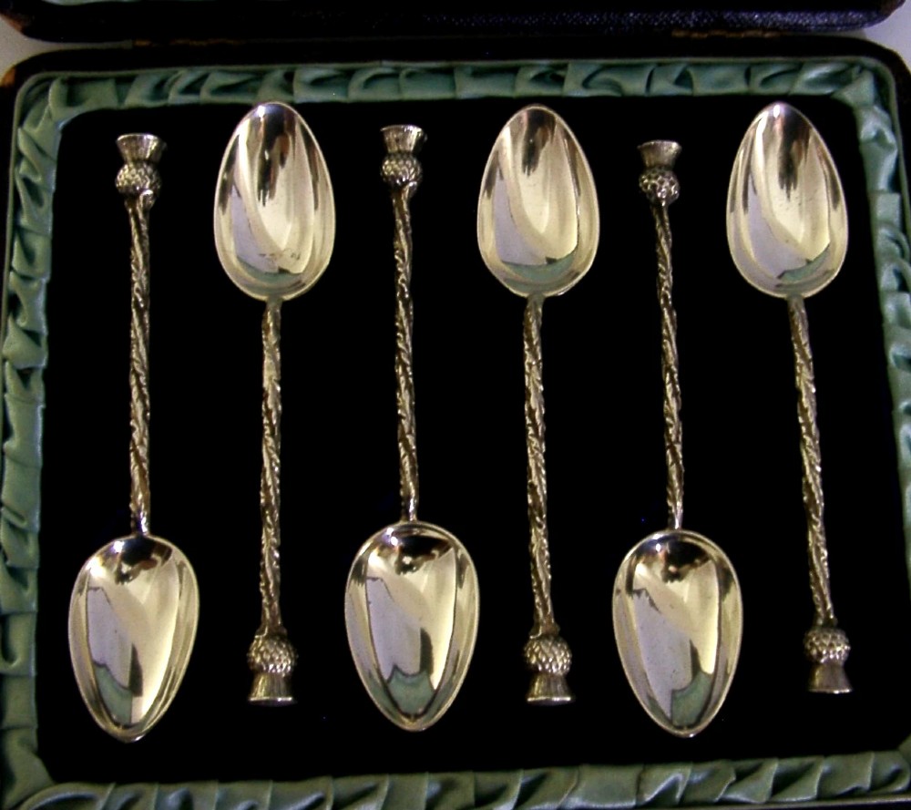 GLASGOW EXHIBITION STERLING SILVER SCOTTISH THISTLE SPOONS 1885 CASED ANTIQUE View V