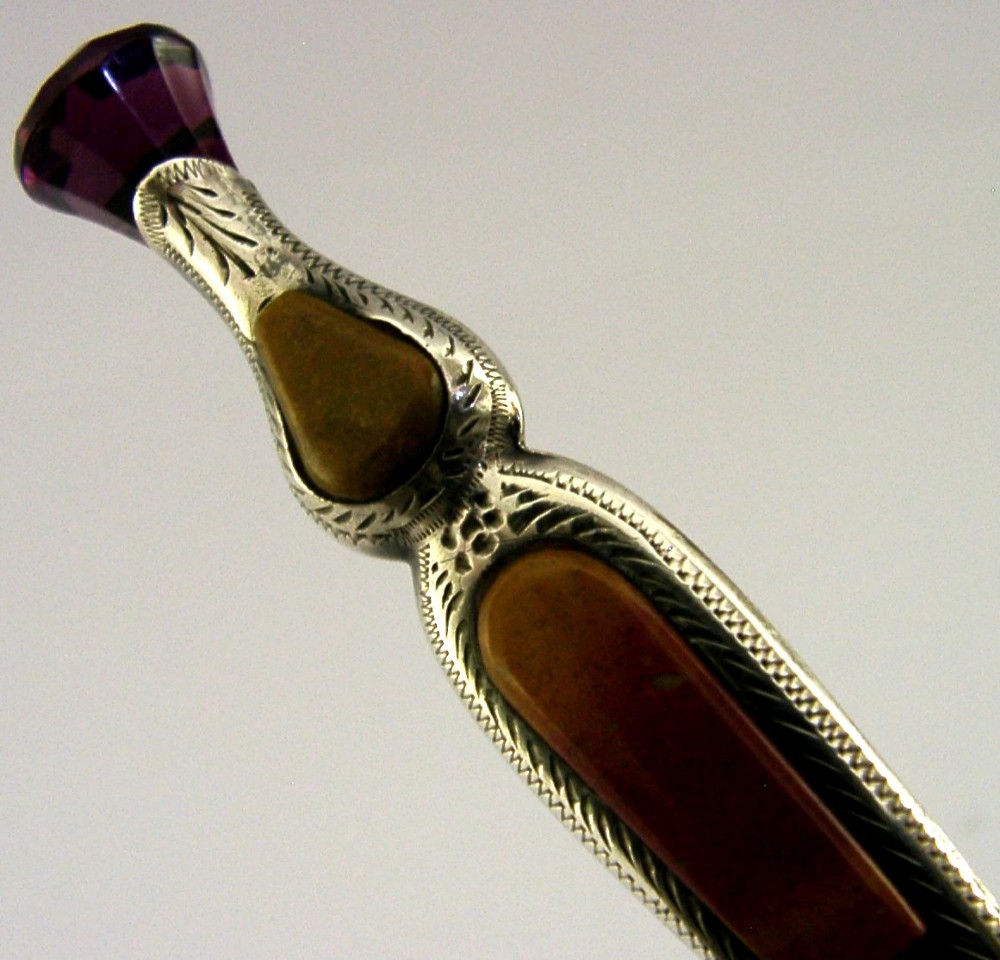 3.75 inch STERLING SILVER AGATE AMETHYST SCOTTISH THISTLE KILT PIN BROOCH c1950s View II