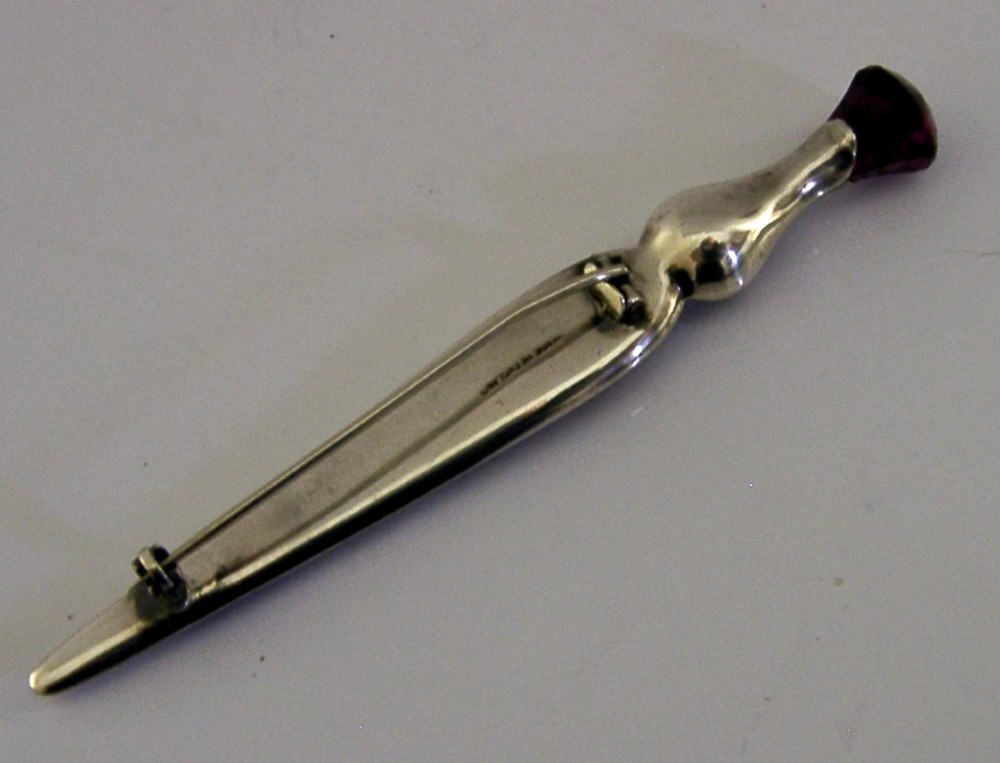 3.75 inch STERLING SILVER AGATE AMETHYST SCOTTISH THISTLE KILT PIN BROOCH c1950s View IV