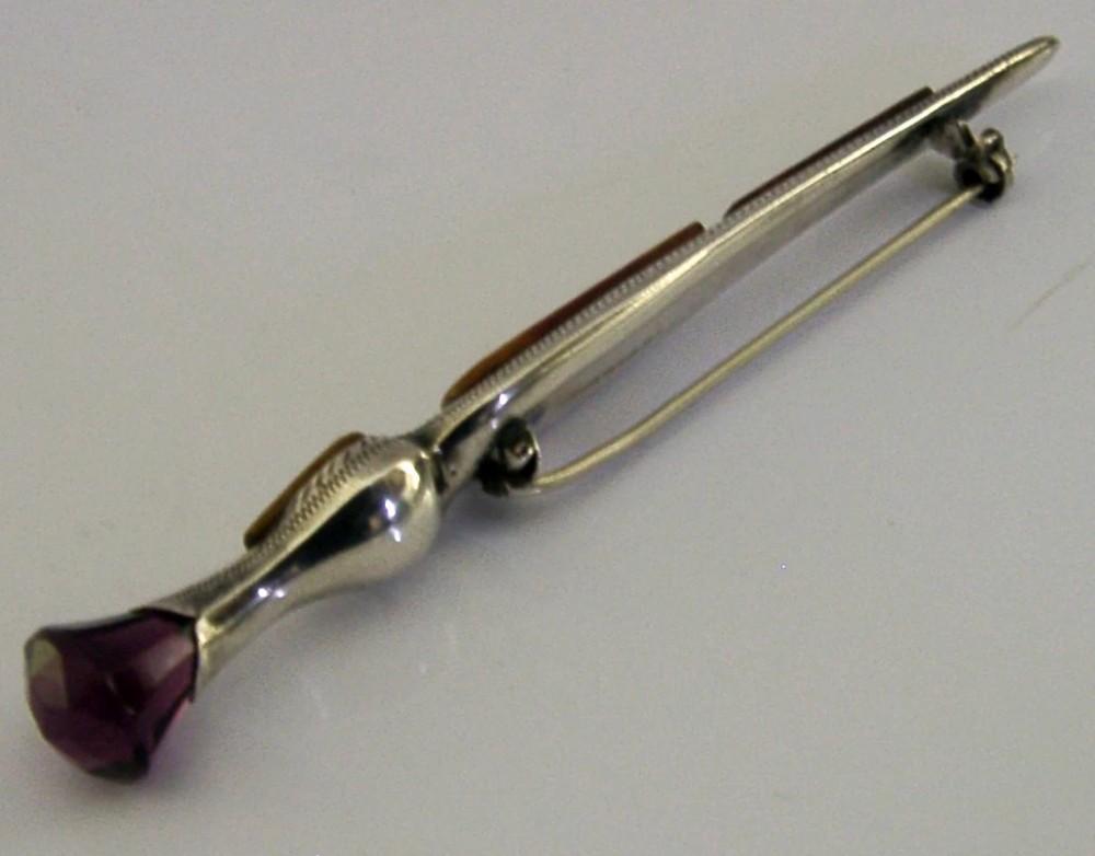3.75 inch STERLING SILVER AGATE AMETHYST SCOTTISH THISTLE KILT PIN BROOCH c1950s View VI