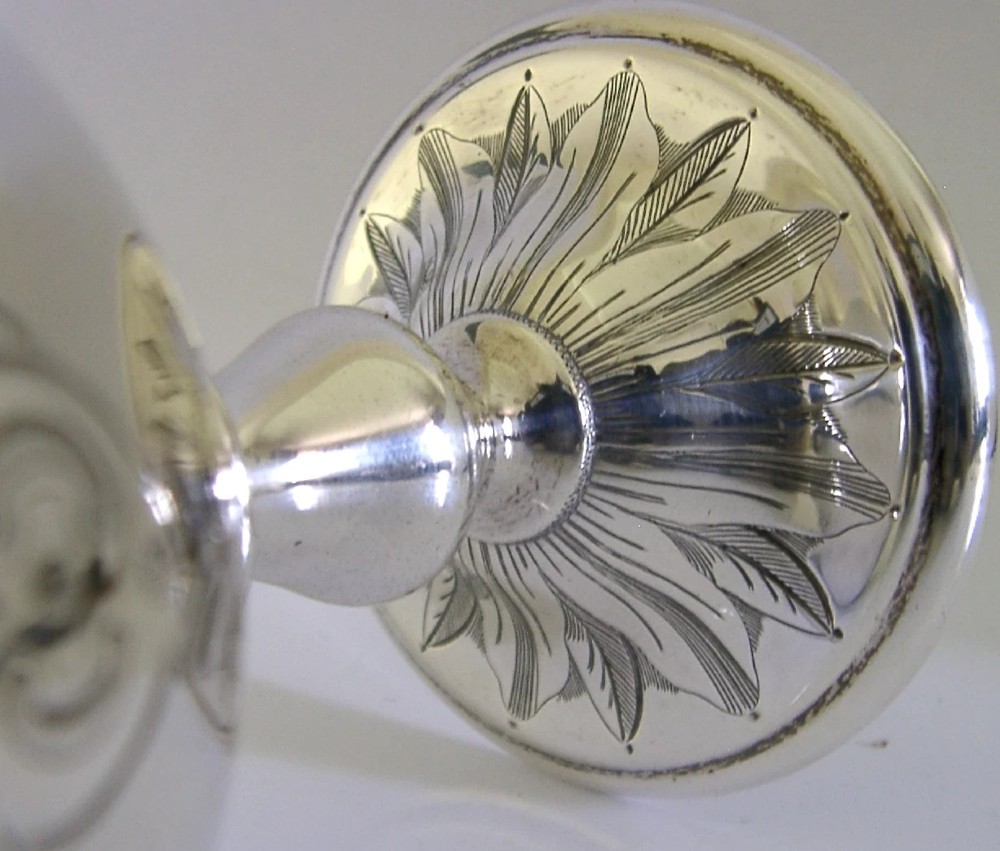 A mid-Victorian sterling silver chalice featuring an engraved scroll pattern around the cup, a central knopped stem, and a leaf-patterned circular base. View VIII