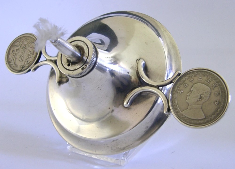 RARE ENGLISH STERLING SILVER CHINESE COINS CIGAR LIGHTER 1936 ANTIQUE 80g