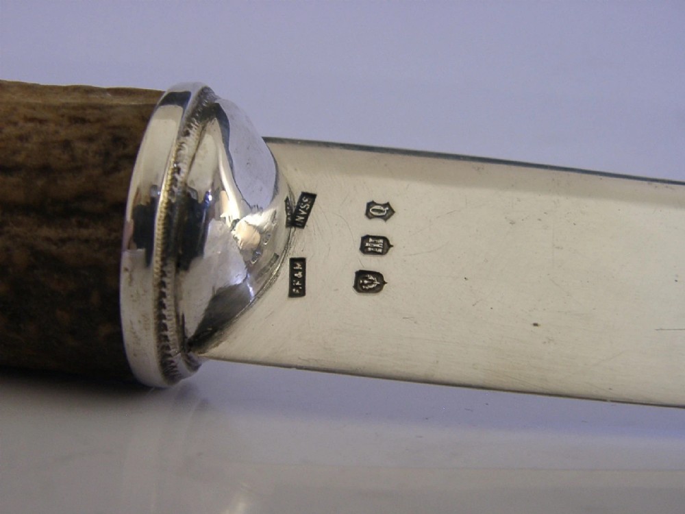 A Scottish provincial sterling silver page turner featuring a smooth silver blade mounted to a natural curved horn handle with a silver end cap. View V