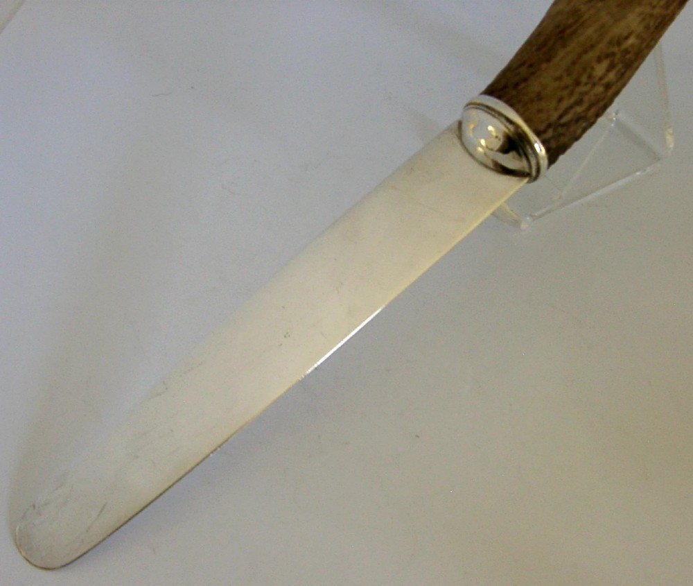 A Scottish provincial sterling silver page turner featuring a smooth silver blade mounted to a natural curved horn handle with a silver end cap. View VI