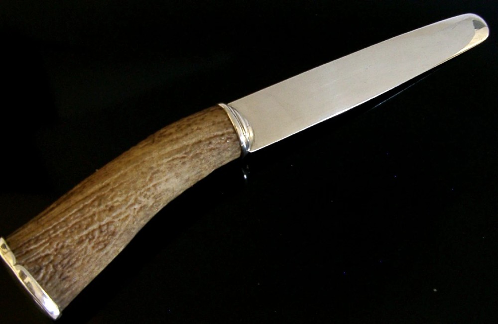 A Scottish provincial sterling silver page turner featuring a smooth silver blade mounted to a natural curved horn handle with a silver end cap. View IX