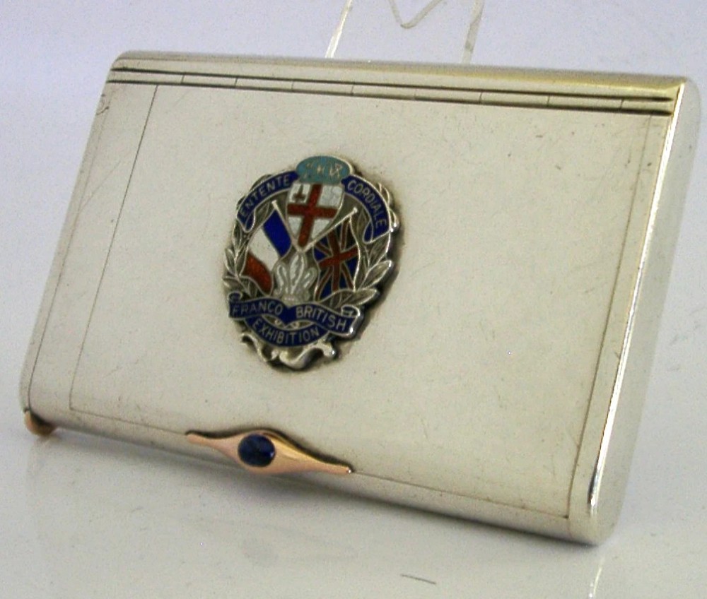 ANTIQUE SILVER ENAMEL & GOLD FRANCO-BRITISH EXHIBITION CIGARETTE VESTA CASE 1908
