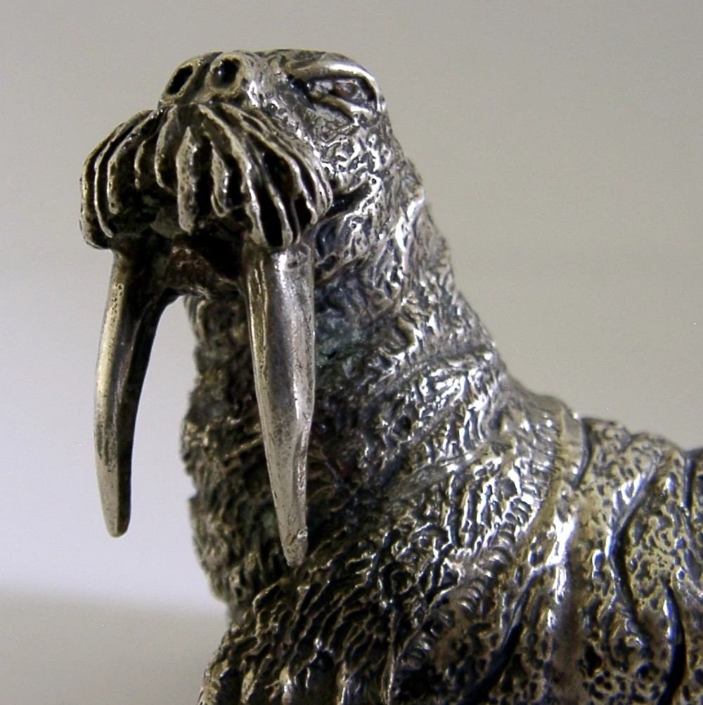 A detailed cast silver walrus figurine shown in profile with long downward tusks and textured skin. View V