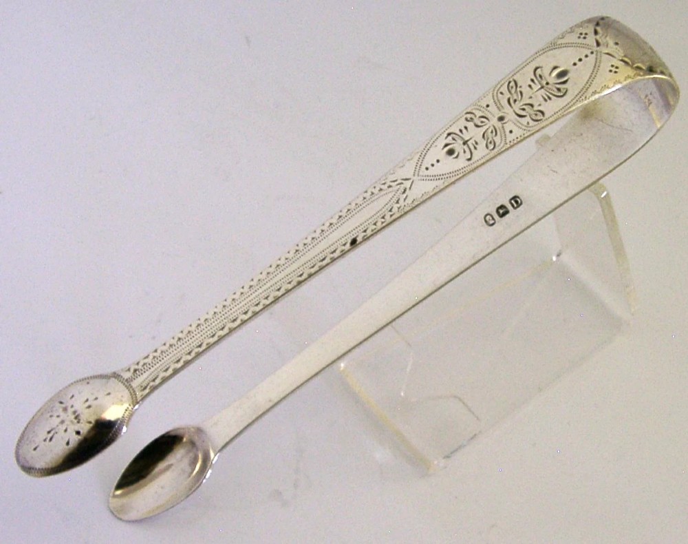 ANTIQUE STERLING SILVER BRIGHT CUT SUGAR TONGS 1799 GEORGIAN