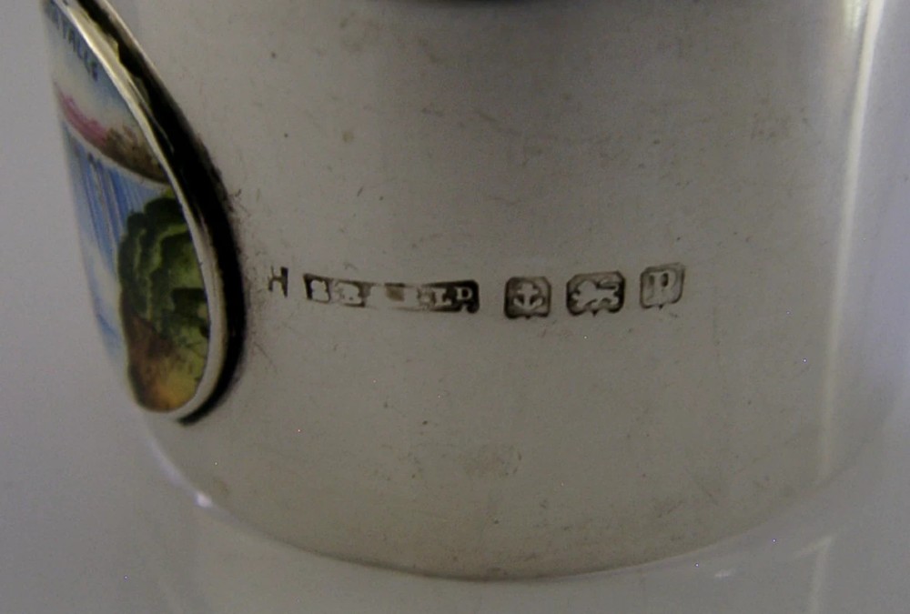 A polished sterling silver napkin ring featuring a circular colourful enamel plaque depicting Victoria Falls. View III