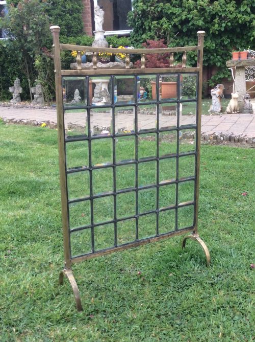 Victorian Brass Fire Screen with Leaded Bevelled Glass