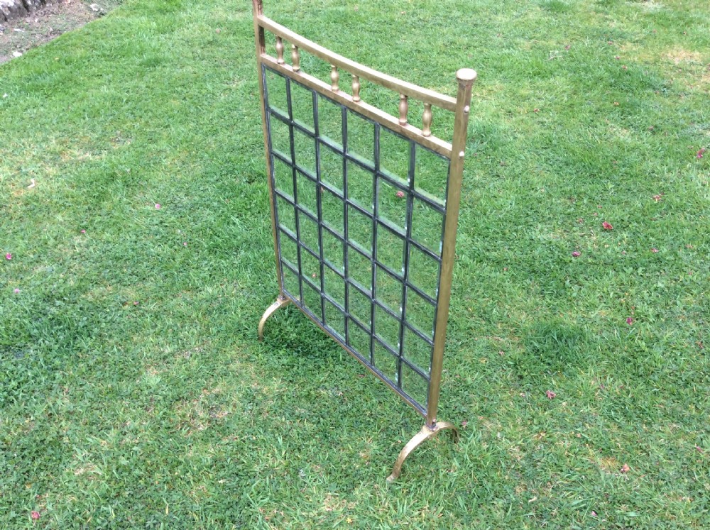 Victorian brass fire screen with leaded bevelled glass View II