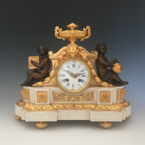 antique louis xvi style gilt bronze marble french mantel clock by henri picard retailed by marshall - CATEGORY: ANTIQUE CLOCKS - DATED 1860