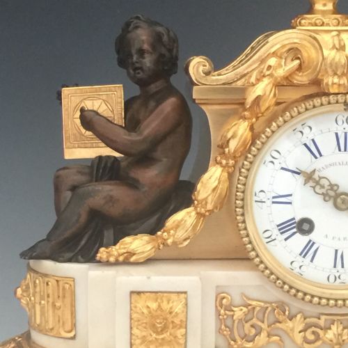 ANTIQUE LOUIS XVI STYLE GILT BRONZE MARBLE FRENCH MANTEL CLOCK BY HENRI PICARD RETAILED BY MARSHALL - ADDITIONAL PHOTO 1