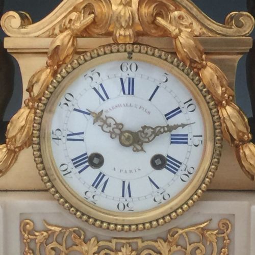 ANTIQUE LOUIS XVI STYLE GILT BRONZE MARBLE FRENCH MANTEL CLOCK BY HENRI PICARD RETAILED BY MARSHALL - ADDITIONAL PHOTO 3