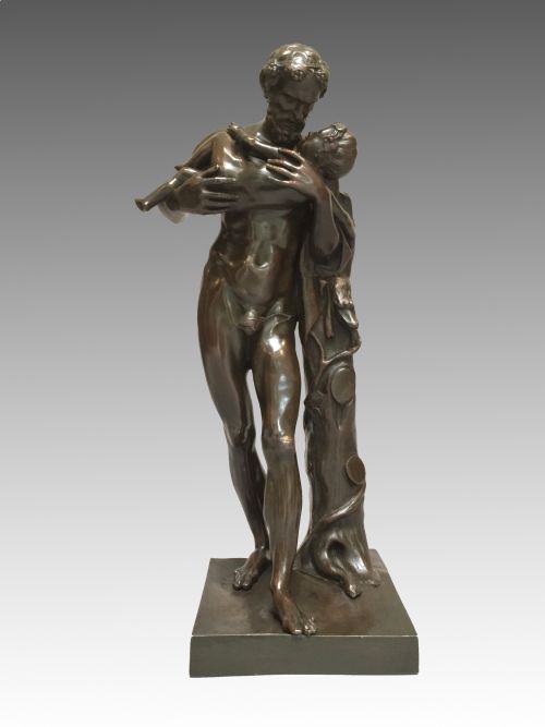 antique grand tour bronze figure after the antique silenus holding infant dionysus - CATEGORY: ANTIQUE SCULPTURES - DATED 1900