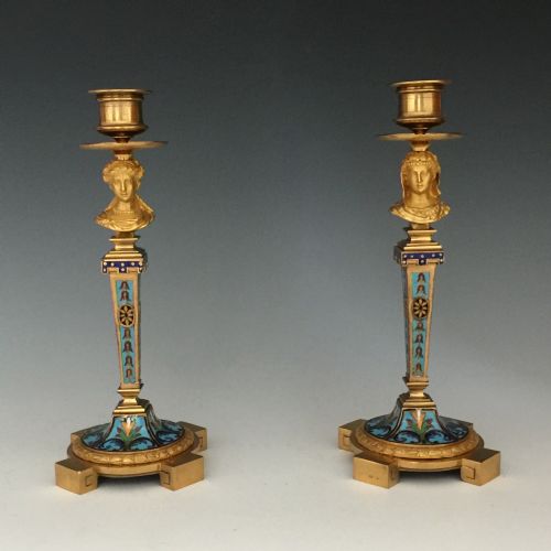 a pair of french gilt bronze champlev enamel candlesticks - CATEGORY: ANTIQUE LIGHTING - DATED 1880