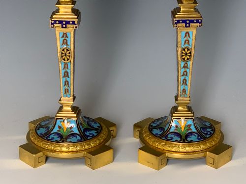 A PAIR OF FRENCH GILT BRONZE CHAMPLEV ENAMEL CANDLESTICKS - ADDITIONAL PHOTO 2