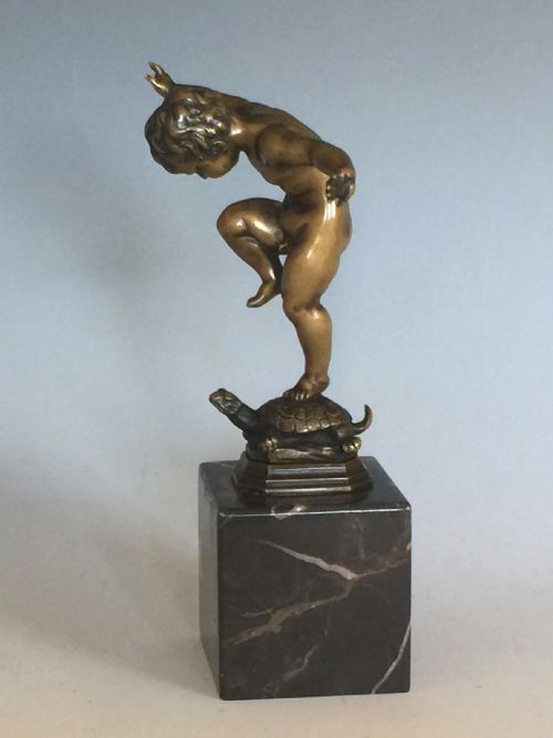 ANTIQUE PATINATED BRONZE FIGURE OF A BOY ON A TORTOISE BY OTTO GEYER - ADDITIONAL PHOTO 1