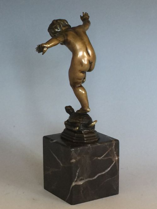 ANTIQUE PATINATED BRONZE FIGURE OF A BOY ON A TORTOISE BY OTTO GEYER - ADDITIONAL PHOTO 2