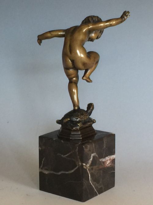ANTIQUE PATINATED BRONZE FIGURE OF A BOY ON A TORTOISE BY OTTO GEYER - ADDITIONAL PHOTO 3