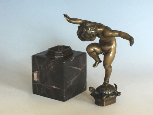 ANTIQUE PATINATED BRONZE FIGURE OF A BOY ON A TORTOISE BY OTTO GEYER - ADDITIONAL PHOTO 4
