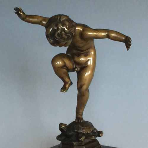 ANTIQUE PATINATED BRONZE FIGURE OF A BOY ON A TORTOISE BY OTTO GEYER - ADDITIONAL PHOTO 5