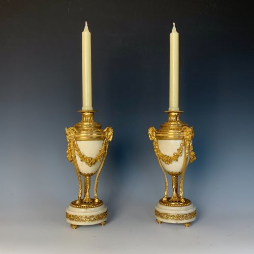 GILT BRONZE MARBLE NAPOLEON III CANDLESTICKS IN LOUIS XVI STYLE - ADDITIONAL PHOTO 3
