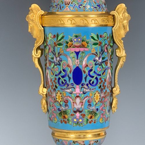 ANTIQUE FRENCH CHAMPLEV GILT BRONZE URNS - ADDITIONAL PHOTO 1