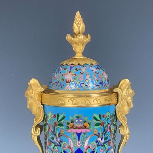 ANTIQUE FRENCH CHAMPLEV GILT BRONZE URNS - ADDITIONAL PHOTO 6