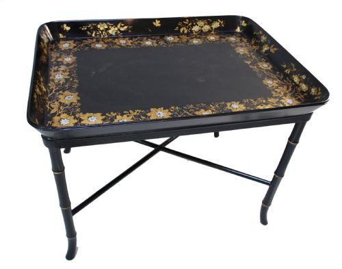 VICTORIAN PAPIER MACHE TRAY ON STAND TABLE - ADDITIONAL PHOTO 1