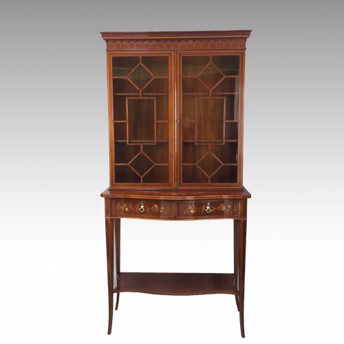 edwardian mahogany marquetry inlaid display cabinet on stand - CATEGORY: ANTIQUE CABINETS - DATED EDWARDIAN