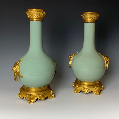 antique pair of chinese style celadon ormolu mounted vases - CATEGORY: ANTIQUE VASES - DATED 1890