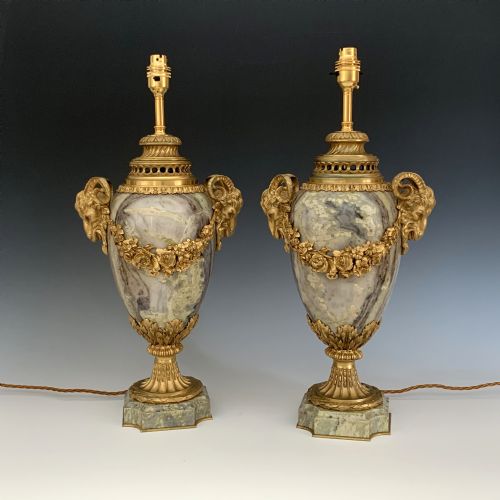 pair of late 19th century french marble ormolu mounted table lamps - CATEGORY: ANTIQUE LIGHTING - DATED 1890