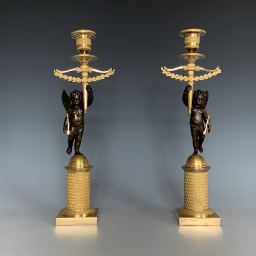 PAIR OF FRENCH EMPIRE GILT BRONZE CHERUB CANDLESTICKS - ADDITIONAL PHOTO 1