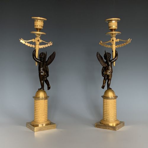 PAIR OF FRENCH EMPIRE GILT BRONZE CHERUB CANDLESTICKS - ADDITIONAL PHOTO 2