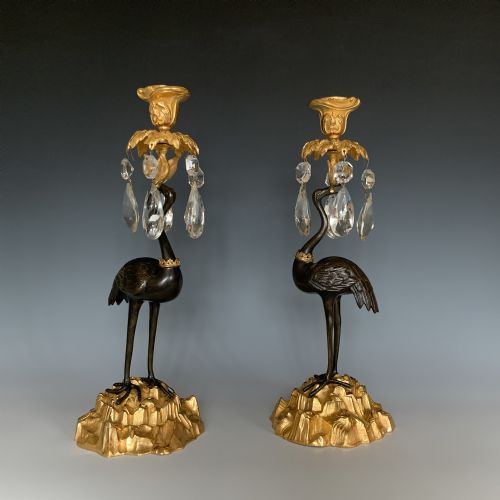 antique 19th century thomas abbott ormolu stork candlesticks - CATEGORY: ANTIQUE LIGHTING - DATED 19TH CENTURY
