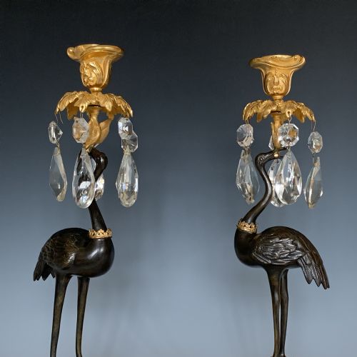 ANTIQUE 19TH CENTURY THOMAS ABBOTT ORMOLU STORK CANDLESTICKS - ADDITIONAL PHOTO 1