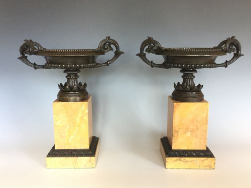 antique french charles x period bronze tazzas on marble plinths - CATEGORY: ANTIQUE MISCELLANEOUS - DATED 19TH CENTURY