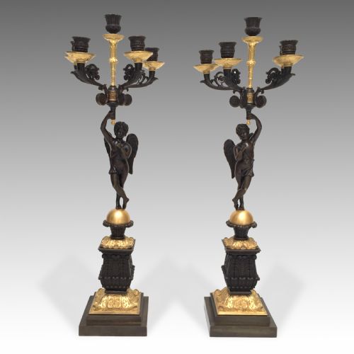 a pair of 19th century french restauration period gilt patinated bronze candelabra - CATEGORY: ANTIQUE LIGHTING - DATED 19TH CENTURY