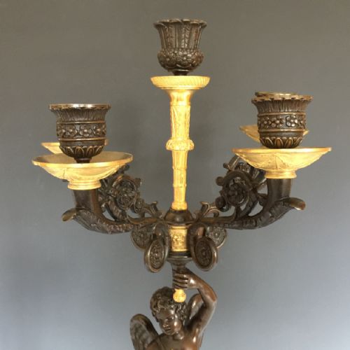 A PAIR OF 19TH CENTURY FRENCH RESTAURATION PERIOD GILT PATINATED BRONZE CANDELABRA - ADDITIONAL PHOTO 2