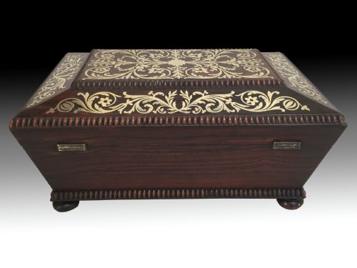 ANTIQUE GEORGE IV BRASS INLAID ROSEWOOD SEWING BOX BY THOMAS BRIGGS - ADDITIONAL PHOTO 5