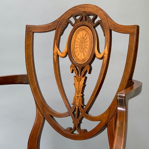 FINE EDWARDIAN MAHOGANY INLAID ANTIQUE ARM CHAIR - ADDITIONAL PHOTO 2
