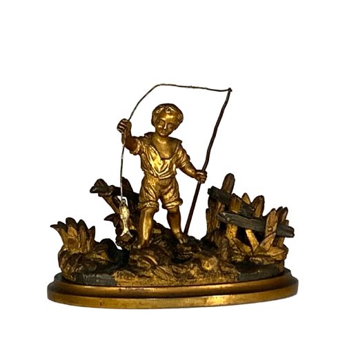 victorian ormolu desk pen taper stick stand of boy fishing - CATEGORY: ANTIQUE MISCELLANEOUS - DATED 19TH CENTURY