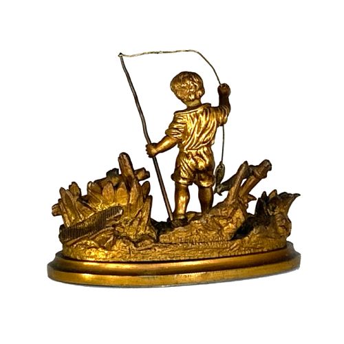 VICTORIAN ORMOLU DESK PEN TAPER STICK STAND OF BOY FISHING - ADDITIONAL PHOTO 1