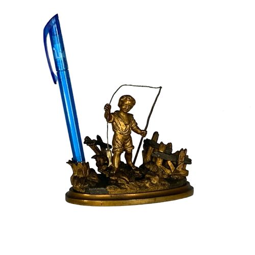 VICTORIAN ORMOLU DESK PEN TAPER STICK STAND OF BOY FISHING - ADDITIONAL PHOTO 2