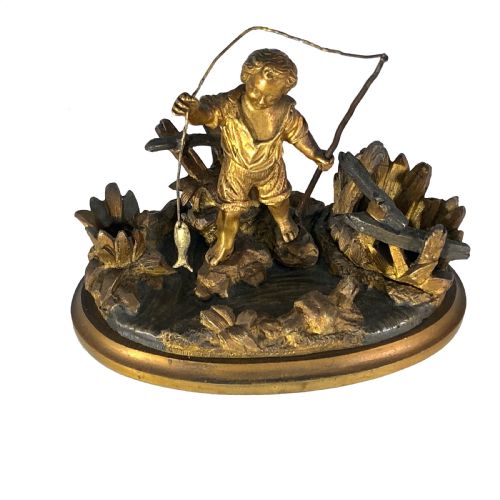 VICTORIAN ORMOLU DESK PEN TAPER STICK STAND OF BOY FISHING - ADDITIONAL PHOTO 3