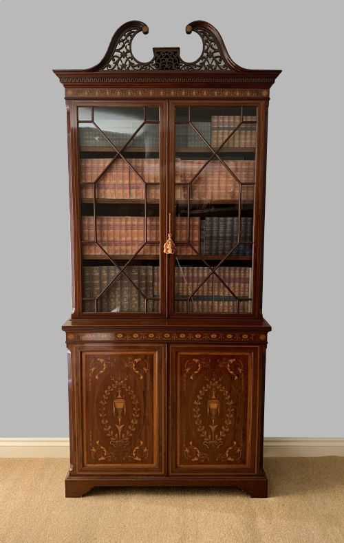 maples co mahogany marquetry inlaid bookcase - CATEGORY: ANTIQUE BOOKCASES - DATED 1890