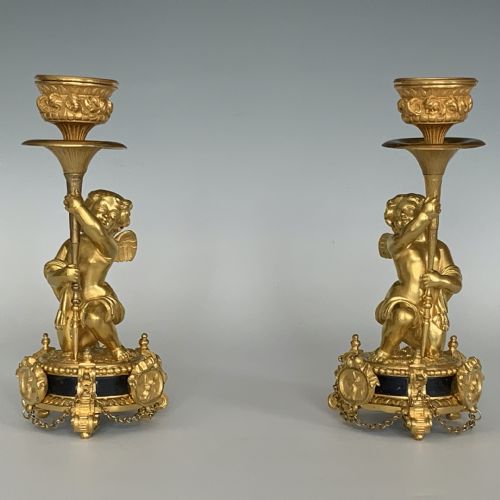 A PAIR OF ANTIQUE VICTORIAN ORMOLU CHERUB CANDLESTICKS - ADDITIONAL PHOTO 1