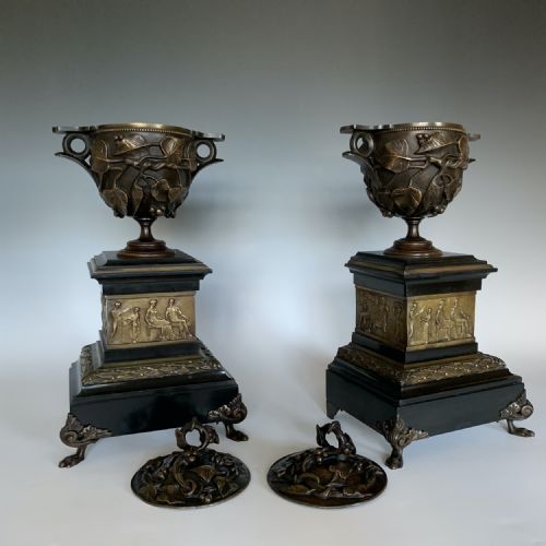 PAIR OF GRAND TOUR POMPEII BRONZE MARBLE CUPS COVERS - ADDITIONAL PHOTO 1