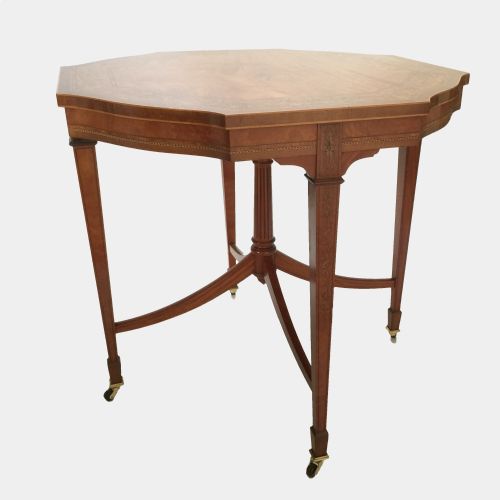 late victorian antique satinwood marquetry inlaid octagonal centreside table - CATEGORY: ANTIQUE TABLES - DATED 1890